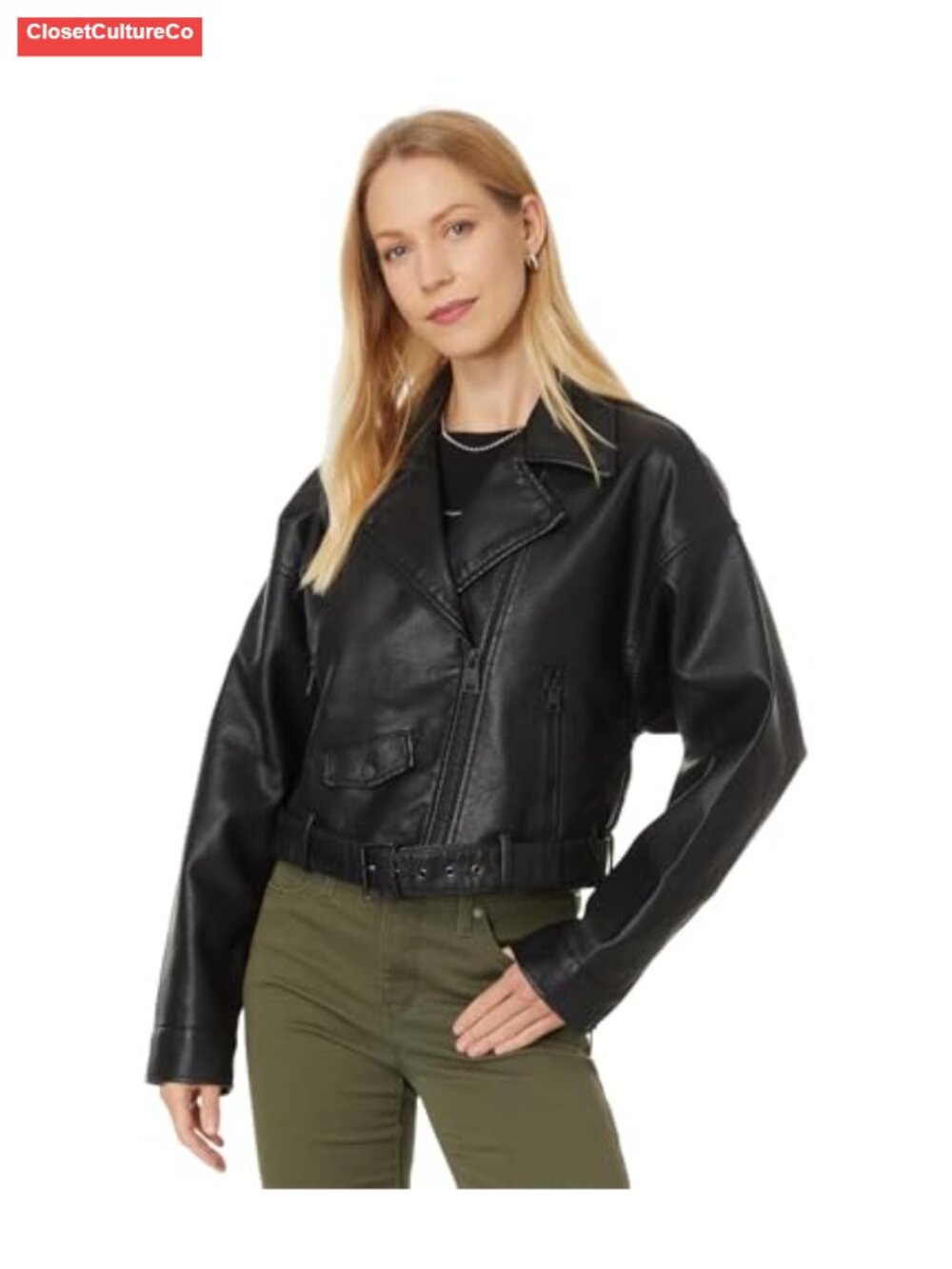 Faux Leather Cropped Moto Jacket Relaxed Fit Asymmetrical Zip Fall Outerwear